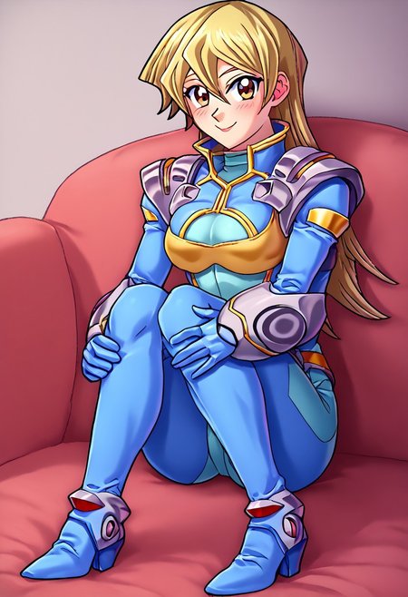 score_9, score_8_up, score_7_up, <lora:offset_0.2:0.1>, <lora:spo_sdxl_10ep_4k-data_lora_webui:1>, BREAK,
1girl, solo, BREAK,
asuka tenjouin, blonde hair, brown eyes, hair between eyes, long hair, straight hair, very long hair, BREAK,
srwbluepilotsuit, blue bodysuit, pauldrons, wrist guards, metal belt, grey armor, shoes, <lora:Pilot_suit__Super_Robot_Wars:1>, BREAK,
blush, smile, looking at viewer, BREAK, full body, indoors, living room, couch, sitting