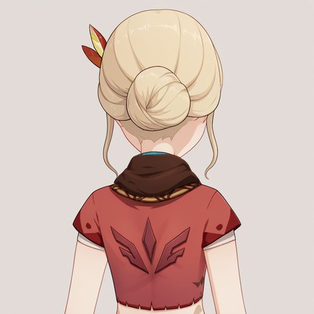score_9, score_8_up, score_7_up, simple background, back,
1girl, bona npc, blonde hair, short sleeves, red shirt, tied hair, 
 <lora:bona_npc_pony_v1:1>