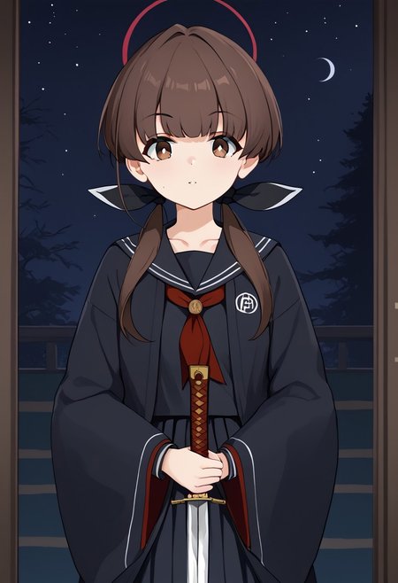 1girl, solo, solo focus, highres, absurdres, Kohane_KV, brown hair, brown eyes, bangs, twintails, low twintails, long hair, halo, hair ribbon, black ribbon,
school uniform, black sailor collar, black serafuku, red neckerchief, pleated skirt, long sleeves, black skirt, wide sleeves, collarbone, black shirt,
looking at viewer, ((holding sword, unsheathing, holding sheath,)) 
east asian architecture, night, night sky, dark, backlighting, silhouette,
