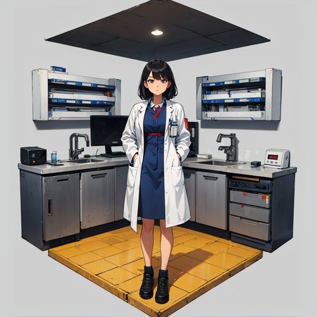 hexagonal composition, woman, lab coat, metal floor, metal door, scientific equipment, screens, simple background  <lora:hexagon_composition_03:0.6>