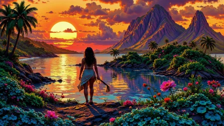 Micronesian beautiful  landscape, sunset, woman, very intricate, very detailed, sharp, bright, colorful, <lora:Hand v2:0.5> <lora:Anti-Blur:1><lora:Insane Detail Slider:0.25>  <lora:flux.1_lora_flyway_Epic-detail_v2:0.3> <lora:fluxenhancer:0.25> <lora:ck-Neon-Retrowave:0.4> ck-rw, in the style of ck-rw,  <lora:Neurocore Anime Cyberpunk:0.8> A digital artwork in the style of cknc