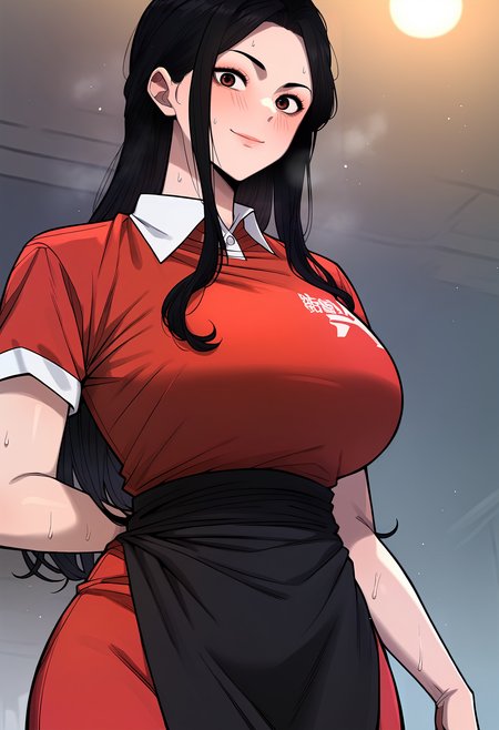 score_9, score_8_up, score_7_up, score_6_up, source_anime, rating_explicit, <lora:neg4all_bdsqlsz_V3.5:2.0>1girl, (solo:1.2), huge breasts, <lora:BaekChaerinponyxl:1> black hair, long hair, brown eyes, (forehead:0.8), red shirt, polo shirt, short sleeves, white polo, red skirt, black apron, waist apron, short sleeves, smile, Narrow shoulders, sweat, heavy breathing, steaming body, (night:1.1), restore, indoor, looking at viewer