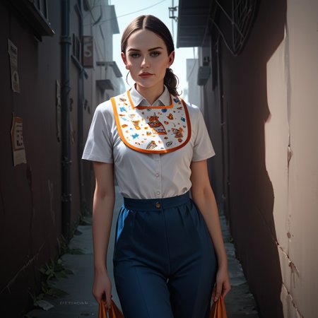 score_7_up, score_8_up, score_9, realistic, studio lighting, best quality, 1girl, stewardess, bib, dark alley,