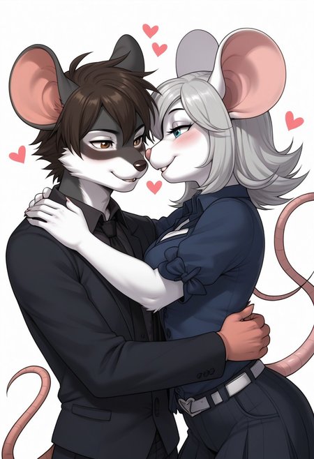 anthropomorphic male mouse embracing anthropomorphic female mouse, heart