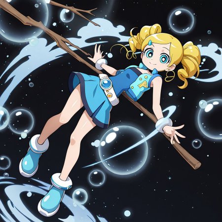 masterpiece, best quality, amazing quality, very aesthetic, absurdres, newest,shiny skin,, anime screenshot, xdive, anime coloring, black background, solo, full body, ppgzmiyako, rollingbubbles, belt, blue shirt, strapless, blue skirt, blue vest, Stick, bubbles, smile