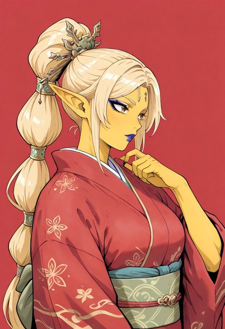 masterpiece, best quality, newest, absurdres, highres, 
Migamiga-Style-V1.0,
1girl, asian, asian female, elf, elf girl, pointy ears, long hair, yellow skin, blonde hair, golden colored skin, ponytail long ponytail, high taied ponytail, makeup, mascara, brown eyes, golden eyes,
kimono, red kimono, japanese clothes, hair ornament,