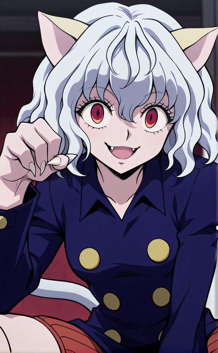 masterpiece, best quality, highres, newest, 1girl, solo, official style,  <lora:Noobai_Neferpitou:1>, neferpitou, white hair, red eyes, cat girl, cat tail, blue collared shirt, indoor, looking at viewer, smile, upper body, paw pose, open mouth, fangs, sharp fingernails, four fingers