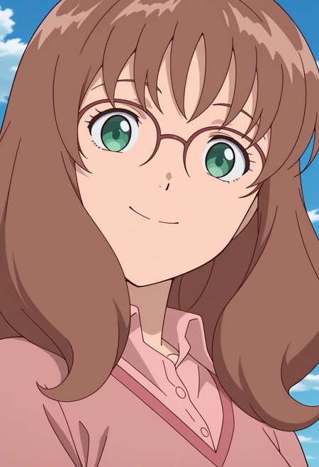 masterpiece, best quality, source_anime,official art,perfect_anatomy,sharla,1girl,green eyes,brown hair,bangs,glasses,pink shirt,looking_at_viewer,smile,upper body,day,blue_sky,cloud