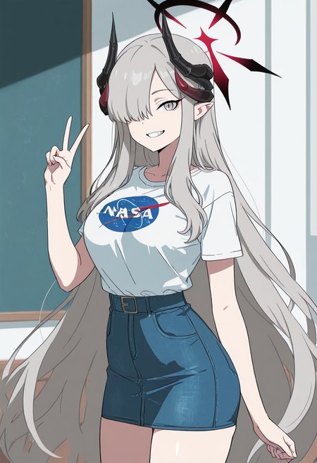 masterpiece, best quality, solo, curvy, beautiful eyes, narrow waist, wide hips, 1girl, solo, smile, looking at viewer,    zzMakoto, horns, long hair, grey hair, demon horns, black horns, halo, multiple horns, pointy ears, grey eyes,    <lora:HanumaMakotoBlueArchive_IXL_v1:1.0>,  , smile, looking at viewer, N4S4, white shirt, denim skirt, ,<lora:NASAShirtAnime_IXL_v1:1.0>,