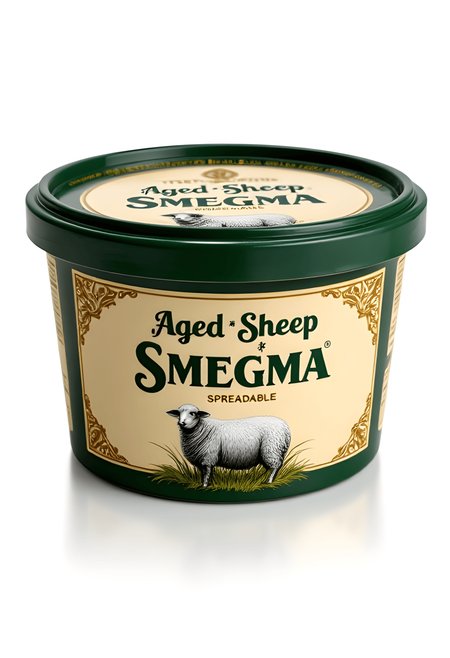A professionally designed rectangular tub for a spreadable product, where the bold and humorous title "Aged Sheep Smegma - Spreadable" is the central focus. The container is a rich, creamy beige with rounded edges, offering a warm and inviting tone. Deep green accents on the lid and sides add a touch of sophistication, creating a contrast that highlights the text. The product name is prominently displayed in a striking, elegant serif font in dark charcoal or black, ensuring high visibility and drawing attention to the humorous title. Below the text, a vintage-style illustration of a sheep in a serene pastoral setting is featured, framed by intricate gold floral embellishments for added charm. The lid incorporates the product name embossed in gold lettering, paired with subtle patterns to reinforce the premium feel. 