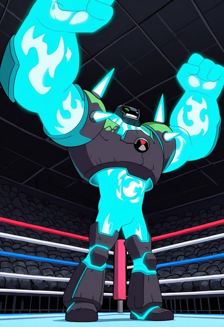 masterpiece, best quality, amazing quality, very aesthetic, absurdres, newest, , detailed background, 
 movie scene, cinematic scene, cinematic, foreground blur, depth of field, 
shckrck, glowing, shoulder spikes, green eyes, helmet, neon trim, blue fire, big arms, massive arms, blue arms, no humans, male focus, short legs, 
smile, raised arms, flex, standing, wrestler belt, boxing ring, teeth,