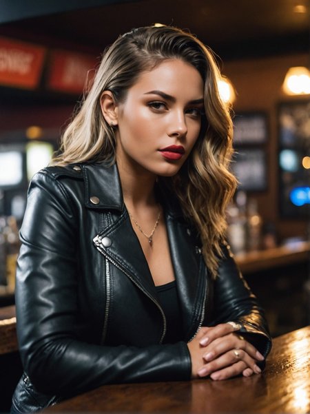 A dynamic cinematic photograph of Andrea_Michaels_P_MXAI_SDXL , hard expression, wearing biker boots, wearing detailed leather pants, wearing a band t-shirt, wearing a leather jacket, standing at the bar in a biker bar, shot from the side, PA7_Portrait-FL, SK_CINEMATIC, ziprealism