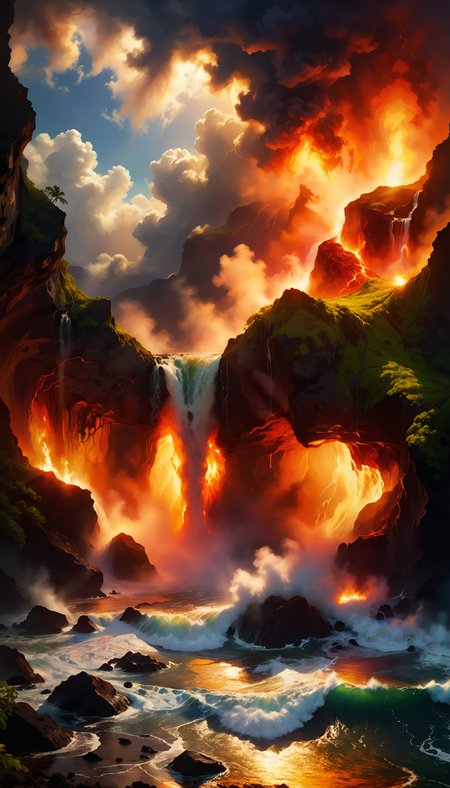 famous artwork by (maurice sapiro:1.4) and (swoon:1.3) and (phil foglio:1.3), beautiful painting of the hawaii volcanoes national park, fiery lava flows into the churning sea and creates billowing steam clouds, steaming craters, (lush green rainforests:1.1) atop a towering cliff overlooking the azure waters of the ocean, cascading waterfalls, (dramatic sky:1.2), raw volcanic power, force of nature, fiery, ovg, dramatic, scenic, awe-inspiring, crepuscular rays, ultra detailed, 8k, uhd <lora:add-detail-xl:2.4> <lora:more_artful-xl:0.6> <lora:lyco-style-envydramaticlightingxl01_digital_art-xl:0.8> <loractl:envybetterhiresfixxl01-xl:0.2:hr=1.0>