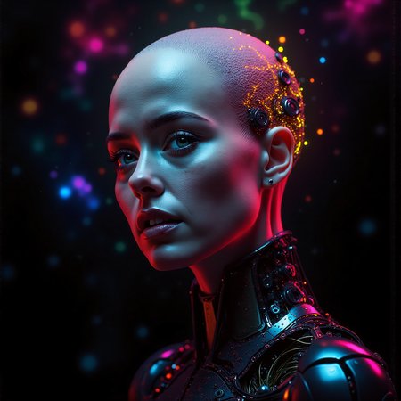 Create a futuristic, high-contrast image of a bald, bioengineered woman with a neural network implanted in her brain, gazing directly at the viewer with a confident and slightly surprised expression. Her skin is smooth and natural, but her eyes seem to hold a hint of macabre intensity. The background is a dark, nebula-like expanse, with tendrils of color swirling around her like a cyberpunk aurora. The overall effect should be one of dramatic, high-contrast realism, with a focus on fine texture and extreme detail. The image should feel like a still from a sci-fi movie, with a sense of futuristic unease and tension.  <lora:flux/skin texture style v5.safetensors:1.0>, skin texture style, realism, detailed, <lora:flux/Realism 2.safetensors:0.8>, realism, realistic,  <lora:art and styles/MysticFantasy.safetensors:0.8>,