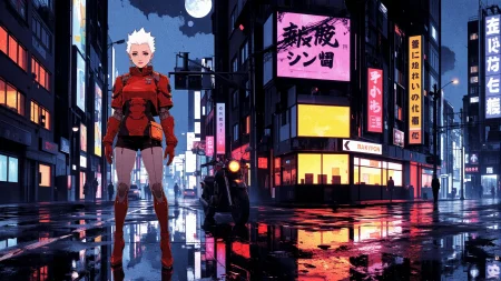 Kazakh spiked hair white hair (young woman), anime, illustration, cyberpunk, futuristic, (extremely detailed), (portrait), (standing:1.3), (happy smile), (beautiful cyberpunk tokyo buildings landscape), wet floor, windows, motorbike, car, moon in the sky, (bright neon lights), screen holograms, kanjis, raytracing, hdr, high contrast, ethereal cinematic lights, backlight, reflections, (legs), heels, (sharp focus), luminous Crimson robot glossy brilliant armor, body lights, body circuits, glossy lipstick, necklace, oval earrings, colorful, retrowave, shadows, vibrant colors, pretty, beautiful, feminine, sexy, lovely, in love, adorable, fashion,  <lora:Hand v2:1> <lora:Anti-Blur:1> <lora:RetroAnimeFluxV1:0.4> <lora:CPA:0.8> <lora:Luminous_Shadowscape:0.4>