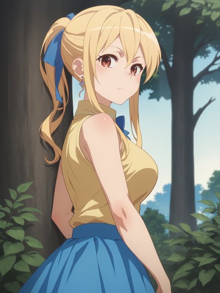 score_9, score_8_up, score_7_up, score_6_up, score_5_up, source_anime, smooth_anime,
Lucy_Heartfilia, 1girl, solo, brown_eyes, blonde_hair, ribbon, hair_ribbon, looking_at_viewer, long_hair, outdoors, jewelry, earrings, breasts, looking_back, sleeveless, blue_ribbon, skirt, shirt, tree, large_breasts, sleeveless_shirt, blue_skirt, long_skirt, day
 <lora:Gun_Gale_Online:1>