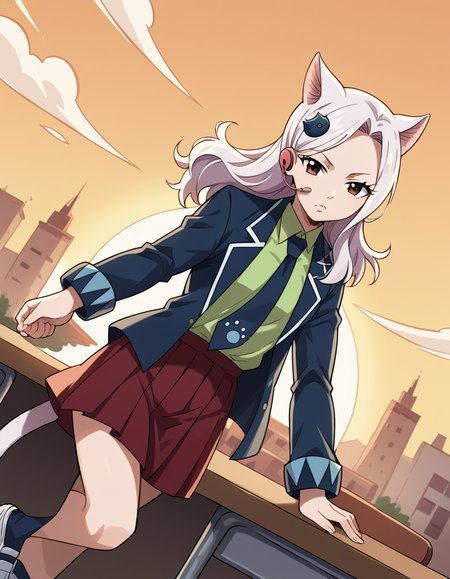 score_9, score_8_up, score_7_up, source_anime, <lora:fairytail-carla-anime-ponyxl-lora-nochekaiser:1>, fairy tail carla, long hair, hair ornament, animal ears, brown eyes, white hair, cat ears,, skirt, school uniform, jacket, tail, necktie, red skirt, shirt, green shirt, collared shirt, long sleeves,, suburban neighborhood, morning jog, earphones, running shoes, fresh air, sunrise, , , arm resting on table, solo,, cowboy shot, dutch angle