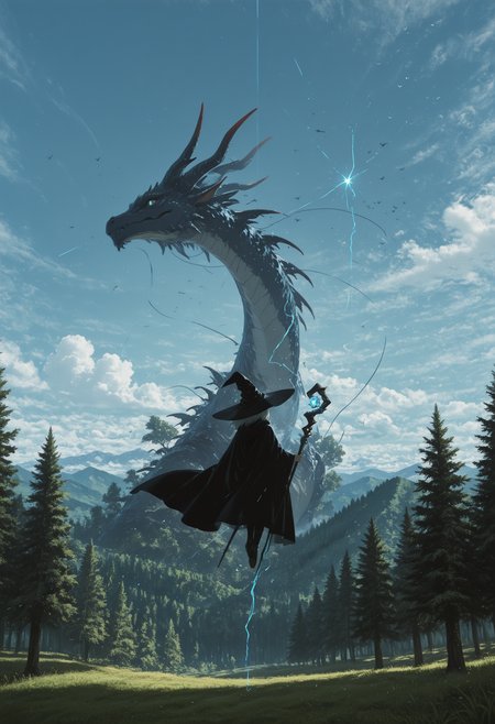 masterpiece,best quality,amazing quality,very aesthetic,absurdres, newest, anime coloring, facing away, dragon in background, midair, floating, black cloak, witch hat, holding staff, blue sky, clouds, high up, forest, trees, grass, mountainous horizon, casting spell, floating clothes, solo, very wide shot, dragon,  <lora:negative-space-merged-3:1> negative space