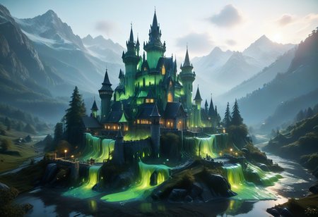 a glowing fairytale castle in he mountains , made of slime, slime-morph,  sl1m3d <lora:add-detail-xl:1>  <lora:Slime_Morph_V4:1>