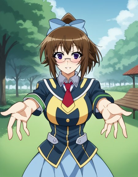score_9, score_8_up, score_7_up, source_anime, <lora:mogana-kikaijima-s2-ponyxl-lora-nochekaiser:1>, mogana kikaijima, brown hair, purple eyes, ponytail, glasses, hair bow, blue hair bow, large breasts,, skirt, school uniform, necktie,, gazebo, park, shelter, outdoors, wooden, , <lora:incoming-hug-ponyxl-lora-nochekaiser:1>, incoming hug, looking at viewer, reaching, reacing towards viewer, outstretched arms,, bedroom, smile, blush, parted lips, looking at viewer, solo,, dutch angle, cowboy shot