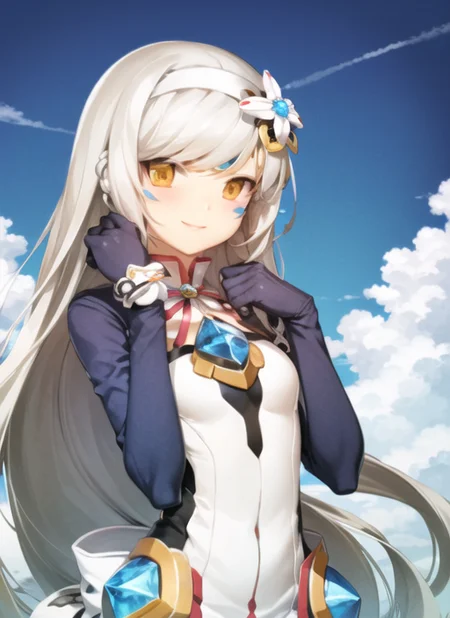 <lora:eve2-000008:1>, electra1, upper body, smile, outdoors, simple background, sky, day,