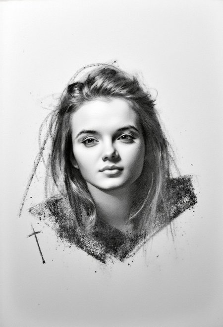 A portrait charcoal drawing,of a young blonde woman drawn in smudged charcoal,