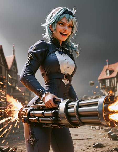 score_9, score_8_up, score_7_up,
source_anime,
close view of eula,
solo, holding ranged weapon, gatling gun, 
firing, casing ejection,destruction, embers, explosion,smoke, 
crazy,laughing, 
front of medieval cathedral, courtyard, medieval fantasy town, 
dynamic, motion blur, emphasis lines,
 <lora:firearm_enhancement:0.9>