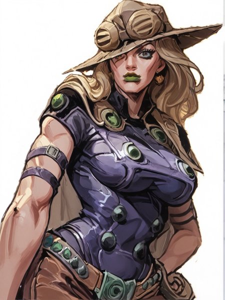EyesHD, marvelconcept, score_9, score_8_up, score_7_up, portrait of Gyro, 1girl, MYLF, milf, mature female by Hirohiko Araki, looking to the viewer, showing her jawline, muscular body, bare shoulder, bare back, ((dark purple high cut leotard, back harness, large cleavage sagging teardrop breasts, underboob)), areola slip, brown leather straps, belt with green buckle, black arm straps, hat with goggles, blonde hair, green lips, big lips, high cheekbones, confident eyes, wide hip, groin, hip skin, ((cowboy chaps without crotch, Thigh Cut Out, waist  Cut Out, front view)) BREAK thick lineart, cel-shading depicted in a dynamic pose with a cel-shading style. The character features bold outlines and distinct, flat color regions with no gradient mesh, maintaining separate color blocks, crossing hatching shading, half tone. Open-Impressionism, blue sky and cloudy background, marvelrivals BREAK A female character is depicted in an acrobatic pose, bending forward with her legs spread apart. She is balancing on the balls of her feet while leaning her upper body down. Her 2 hands is reaching behind her back, Her head is tilted sideways, and she is looking directly ahead with a confident expression. Her long hair flows down, and she appears to be in mid-motion, showcasing her flexibility and agility. The overall pose emphasizes dynamic movement and balance.
