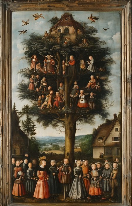 masterpiece,best quality,<lora:tbh283-sdxl:0.9>,illustration,style of Lucas Cranach the Elder portrait of family