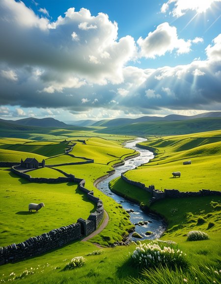A breathtaking, high-resolution photograph of the rolling plains of Ireland, stretching endlessly under a vast, cloud-streaked sky. The landscape is a lush, vibrant green, with gentle hills covered in soft grass and dotted with scattered wildflowers. Ancient stone walls and winding dirt paths cut through the fields, marking old farmland boundaries. In the distance, a few solitary sheep graze peacefully, their white wool contrasting against the emerald grass. A small, clear river meanders through the valley, reflecting the soft light of the sky. The horizon is framed by low, misty mountains, adding depth and mystery to the scene. Above, the sky is a mix of bright blue and fluffy white clouds, casting dynamic shadows across the landscape as beams of sunlight break through. The atmosphere is serene, timeless, and rich with the natural beauty of the Irish countryside.
<lora:SDXLFaeTastic2400:0.4> <lora:extremely_detailed:0.4> extremely detailed, <lora:rolling_plains_of_1r3l4nd:1>,rolling plains of 1r3l4nd, Masterpiece,best quality,hi res,8k,hi res,8k,award winning,(sharp focus, intricate, highly detailed),