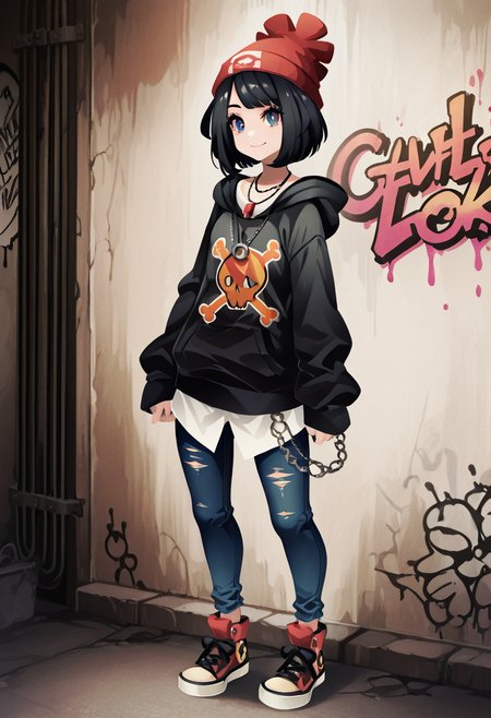 masterpiece, best quality, 1girl, solo, eyelashes, (beautiful eyes), narrow waist, smile, <lora:CoutureCraze_IXL:1.0>,   zzSelene, black hair, short hair, C0utur3Cr4z3, 1girl, solo, oversized hoodie, distressed jeans, chunky sneakers, statement chain necklace, beanie, graffiti alley, urban vibe â Selene stands confidently in a graffiti-covered alley, exuding bold streetwear energy. Her oversized hoodie with bold graphic prints sways as she moves, while distressed jeans and chunky sneakers give her look an effortless edge. A statement chain necklace glints against the dark backdrop, and a beanie sits atop her short black hair. The alley's vibrant graffiti adds color to the scene, highlighting her urban style.   <lora:SelenePokemon_NAI:1.0>,