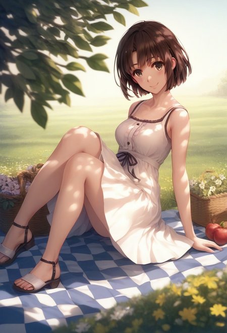 score_9, score_8_up, score_8, score_7_up, score_7, source_anime,
1girl, katou megumi, Megumi <lora:KatoMegumi:1>,brown hair,katou megumi,brown eyes, short hair , medium breasts,  solo, Looking at viewer, masterpiece, best quality, summer picnic theme, lush green meadow background, wearing a light yellow sundress, sitting on a checkered picnic blanket, surrounded by a basket of fruits, flowers, and an open book, dappled sunlight filtering through tree branches, gentle smile, calm and serene expression, soft wind ruffling her dress and hair, pastel tones, natural lighting, full-body shot, relaxed and cozy atmosphere, depth of field, warm and inviting vibe