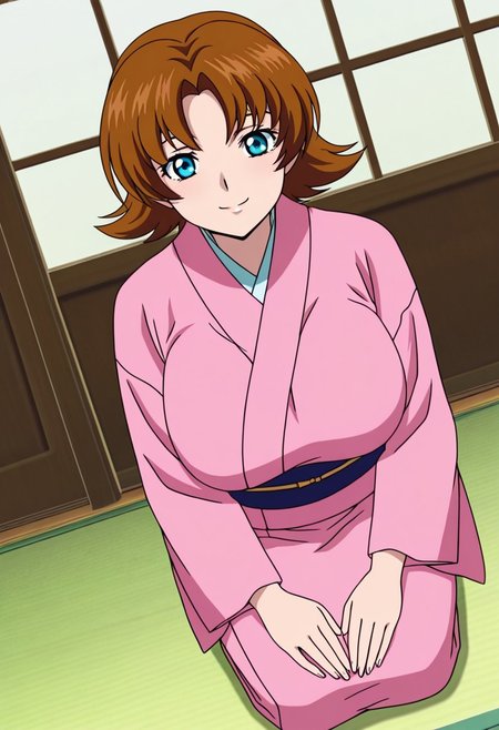 general,highres, ultra-detailed,very aesthetic,best quality ,best hands,best eyes,easynegative,
dynamic anglre, dutch angle, anime cloring,anime screencap,
1girl solo,looking at viewer,washitsu,smile,seiza,
Miriallia Haw,brown hair,short hair,blue eyes,huge breasts,japanese clothes,kimono,