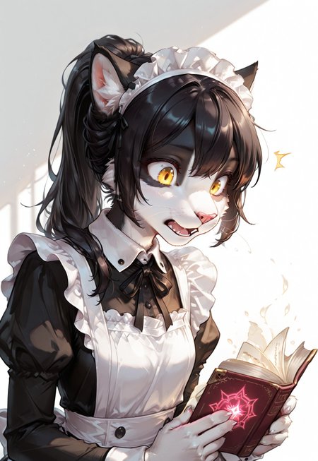 score_9, score_8_up, score_7_up, (solo), sfw, ITMStyle,
BREAK 1girl, Ember (ESO), anthro, feline, black and white fur, black hair, slim, maid apron, maid, maid headdress, wrist cuffs, yellow eyes, upper body, ponytail, head leans forward, reading a spell book, glowing book, looking down, shocked, open mouth
BREAK portrait, face close up, extremely detailed, cinematic soft lighting, simple background, sharp focus, extremely detailed, high detail
BREAK detailed eyes, detailed hair, depth of field, detailed fluffy fur, photorealistic details