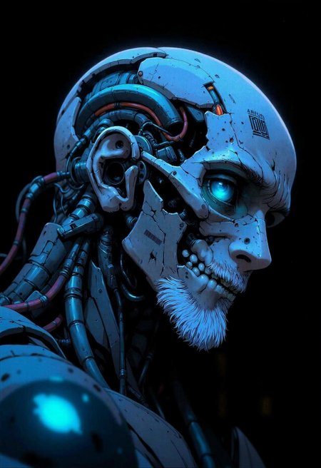 in the style of ckra, A weathered cyborg slowly turns his head to face the camera, revealing his striking half-mechanical face. He leans forward slightly, his one human eye staring directly at the viewer while his other eye—covered with a mechanical implant—remains closed, glinting with a soft blue light. His thin lips part into a subtle smile, exposing sharp, metallic teeth that catch the dim light. Tubes and wires protrude from his wrinkled skin, pulsing with neon blue energy that illuminates the deep creases and scars on his face, especially the prominent one cutting across his right eye. The camera zooms in slowly on his weathered features, highlighting the barcode tattoo near his temple and the carefully trimmed white mustache and beard that frame his jaw. Behind him, there's only darkness—a pure black backdrop that makes his glowing cybernetic parts stand out even more dramatically. As the camera gets closer, small details become visible: old rusted components alongside newer tech, a corporate logo etched into his neck plate, and thin cables connecting to ports along his temples. The lighting remains low and atmospheric, casting shadows that emphasize the boundary between man and machine.