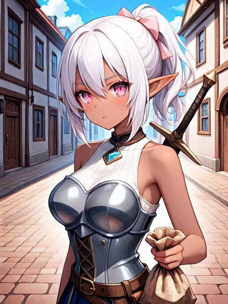 absurdres, explicit, tied bag, holding bag, burlap bag, upper body, 1girl, pointy ears, dark elf, breasts, boobplate, sleeveless, weapon on back, brick road, building, outdoors, <lora:coinbag_ilxl:1>