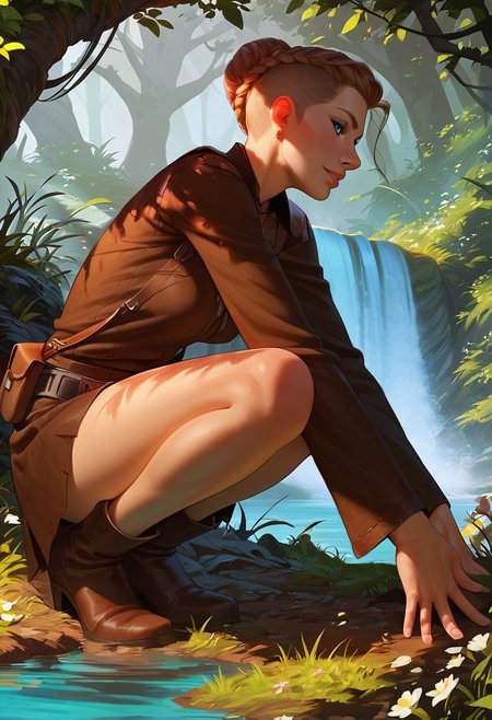 score_9, score_8_up, score_8, score_7_up,
BREAK 1futa, (riza hawkeye, winry rockbell: 0.5), (solo), long medium brown hair, braided like lagertha, (hair shaved on sides), blue eyes, small breasts under clothes, 
BREAK Brown leather pants, long sleeve black tunic , 
BREAK side view, crouched by river, knees together, hand touching water, Whole body, 
BREAK fantasy setting, forest river, quiet, secluded, small pool, 
BREAK easynegative, Expressiveh, Hand, detailed, perfect, perfection, hands, squat, knee on ground