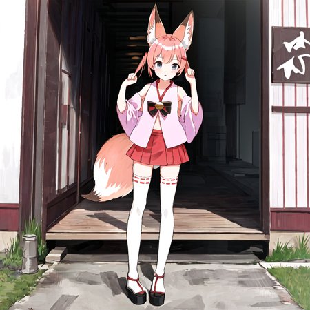 nojaoji,solo,1girl,<lora:nojaoji:1.0>,pink clothes,brond hair,twin tail,fox ears,fox tail,red,mini skirt,white,knee high socks