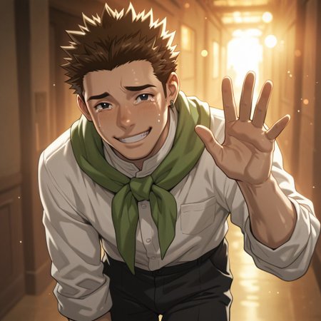 masterpiece, best quality, amazing quality, absurdres, newest, detailed background, definition so sharp, Ultra-HD, 8K cinematic, very awa, impressionate, amazing quality, highres, 
solo, male focus, manly, shadow, shiny skin, bokeh, warm light, light particle, looking at viewer, 
1boy, short hair, spiked hair, earrings, masahiko_brunette, masahiko_black eyes, tsukijigaokamasahiko, green scarf, white shirt, long sleeves, black pants, smile, tears, happy face, waving hand