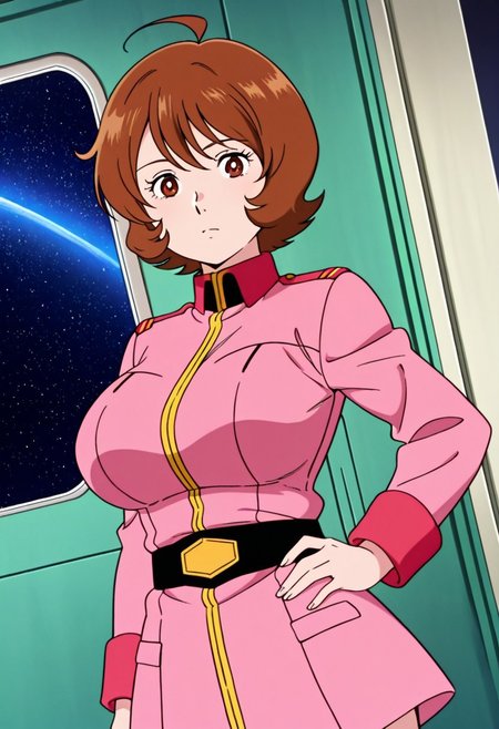 general,highres, ultra-detailed,very aesthetic,best quality ,best hands,best eyes,easynegative,
dynamic anglre, dutch angle, anime cloring,anime screencap,
1girl solo,looking at viewer,space ship, hand on hip, 
Frau Baw,brown_hair, short_hair, ahoge, brown eyes, huge_breasts,pink military uniform,