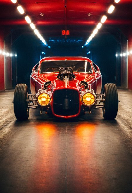 VintageMuscleCar gleaming dragster tunnel, symmetrical front view, bright headlights, neon lights, glass background, light reflections, 4K, highly detailed, closeup (stylish grainy analog film photo 35mm vintage Kodachrome)