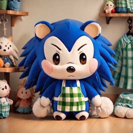 score_9, score_8_up, BREAK  <lora:mabelcross:1> mabelcross, furry,  hedgehog, green plaid apron, blue fur,  <lora:woafu_plushify_pony:0.7> plushify, character stuffed toy, chibi
