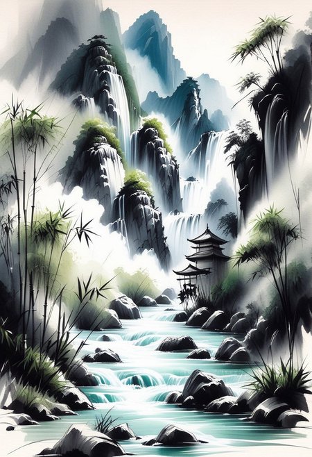 inksketch, landscape, mountains, bamboo forest, waterfall, river, mist,