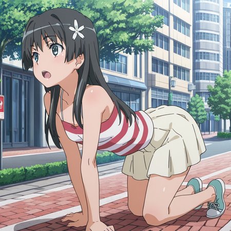 nsfw, masterpiece, best quality, amazing quality,1girl, solo, index_railgun_saten_ruiko, black hair, hair ornament, long hair, hair flower, flower, open mouth, red and white striped clothes, skirt, all fours, tree, building, casual, street, <lora:Saten_Ruiko_-_Index_Railgun:0.7>