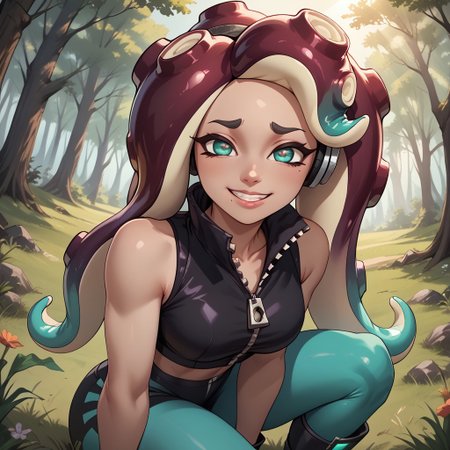 score_9, score_8, BREAK, marina(splatoon), octoling, dark brown skin, teal eyes with pink pupils in shape of infinity form, teal gradient on her fingers, dark brown tentacles with teal tips for hair, sleeveless black crop top, huge zipper, black short, teal tights, black boots, sexy pose, self portrait, smile, outdoors, sunlight, shadows, evening lighting, natural lighting, forest, trees, grass, orange sky, sunset