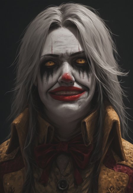 safe_pos, safe_pos, safe_pos, safe_pos, score_9, score_8_up, score_7_up, white hair, white wig, score_6_up, 1 female girl dbd_clown, facepaint, clown jacket, suspender, black boots, striped pants,,  tangled damp white hair,, smile, grin, teeth, constricted pupils, red lips, rainbow-colored shoulder-length damp hair, female, feminine face, long hair, woman, female, girl, clowngirl
, yellow teeth, , red tongue, teeth, front view, white painted skin, evil smil, Satisfied smile, yellow eyes, black pupils, looking at viewer, horror, scary face, monstrous, evil, expressiveh, g0thicPXL, glowing, neon,, zPDXL2