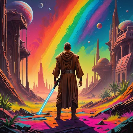 vivid messy homoerotic oil painting  of a jedi with a lightsaber on a science fiction exoplanet with ruined buildings, silhouette, vibrant rainbow neon colors, vegetation, illustration, highly detailed, high quality,