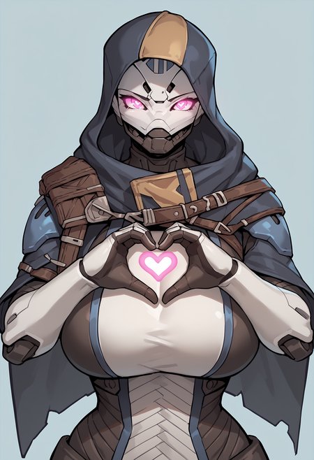 score_9, score_8_up, score_7_up, score_6_up, score_5_up, score_4_up, source_anime, 1girl, solo, <lora:ElsieBray:0.9> solo, colored skin, white skin, robot, pink eyes, glowing eyes, huge breasts, bodysuit, hood, hood up, cape, from front, upper body, heart hands, heart pupils, 
light blue background, simple background,