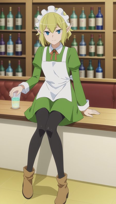 source_anime,score_8, score_9,
indoors, bar,
<lora:RyuuSDXL:0.9>,1girl,solo, short hair, blonde hair, blue eyes, pointy ears, hair between eyes,looking at viewer,smile,sitting,
green dress, maid headdress, maid apron, black pantyhose, brown footwear, long sleeves,  maid,neck ribbon, 
anime screencap, anime coloring,