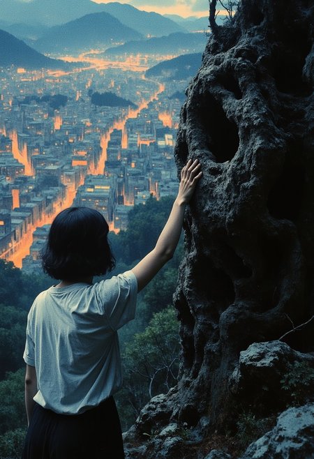 Nighttime hillside overlooking a sprawling cityscape filled with glowing orange and white lights, the view slightly blurred in the background. In the foreground, a person with short, dark hair wearing a simple white top, seen from behind, is reaching out to touch a large, mysterious dark textured surface resembling organic material or a tree trunk. The dark structure dominates the right side of the frame, its rough, uneven surface contrasting with the smooth glow of the city lights. The scene is illuminated by soft, ambient light, creating a cinematic and mysterious atmosphere. The composition focuses on the dynamic interaction between the person and the structure, with the cityscape adding depth and context. Highly detailed, realistic textures, dramatic lighting, cinematic framing.